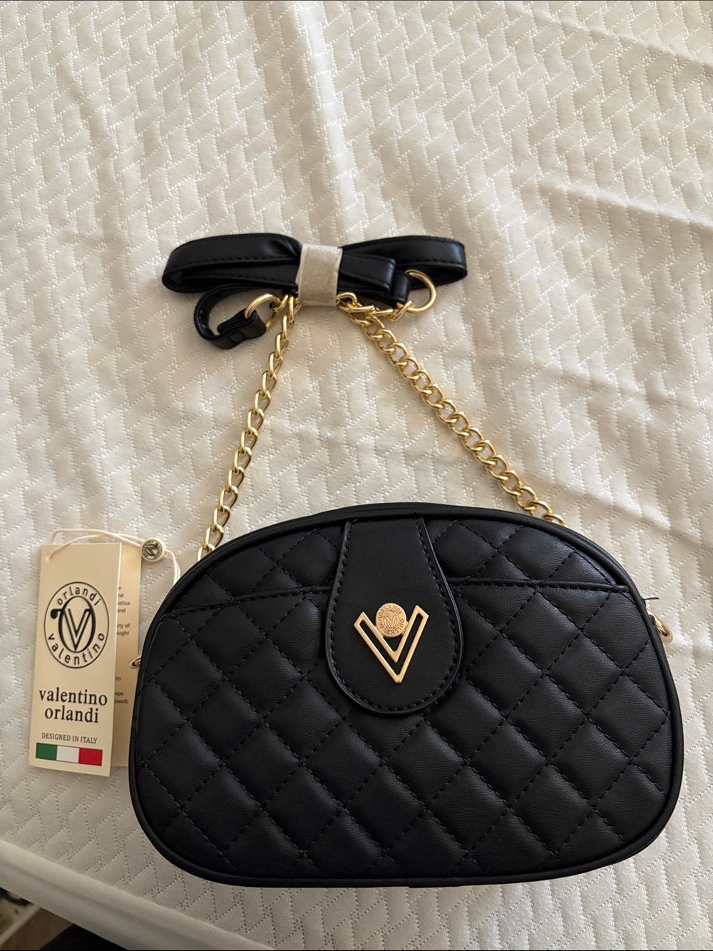 Valentino Orlandi Black Quilted Crossbody with Gold Emblem